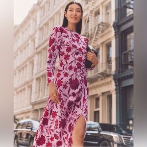 Ann Taylor Red and Pink Floral Long Sleeve Satin Dress (great Valentines dress!)